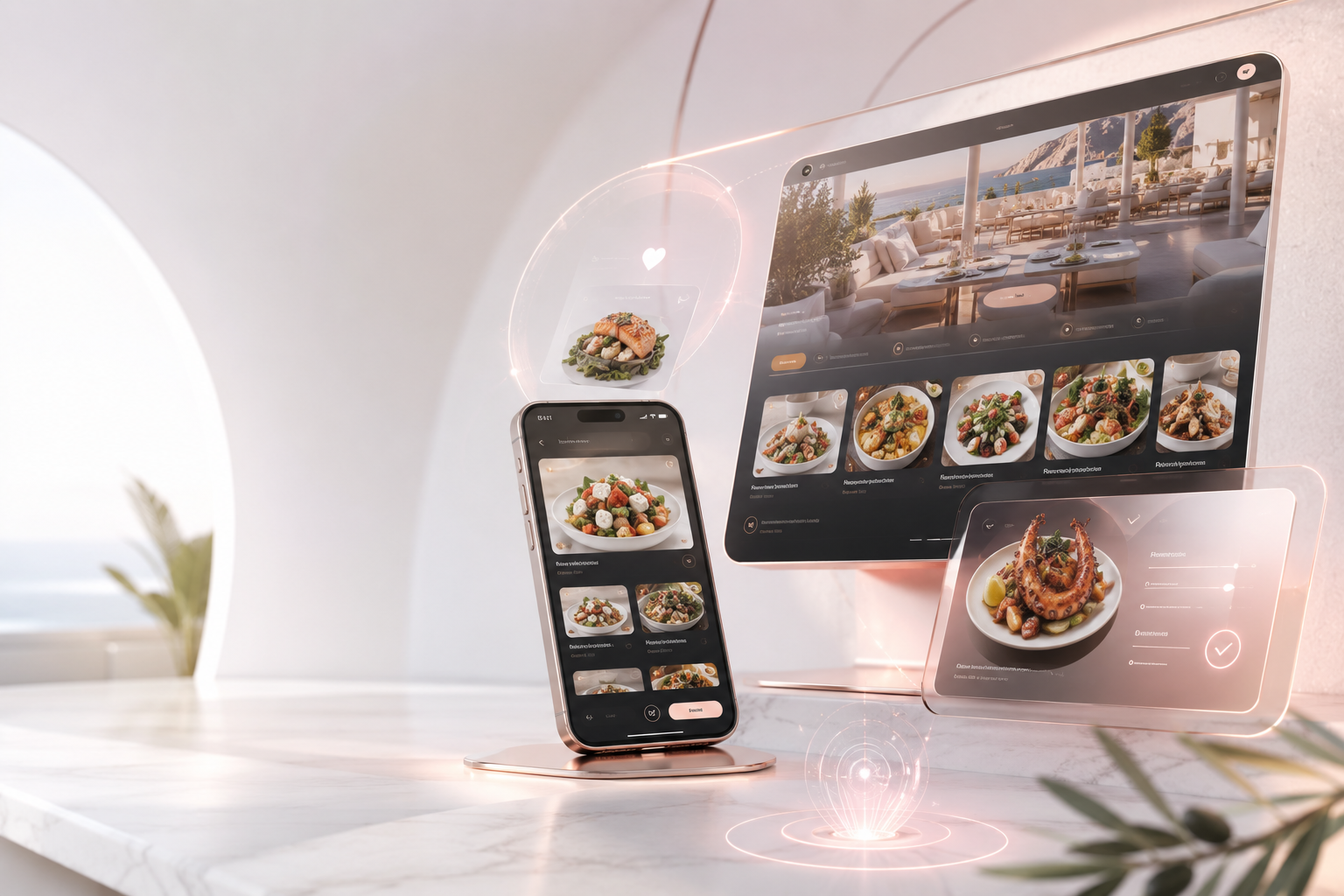 Restaurant ordering website displayed across desktop, phone and tablet screens