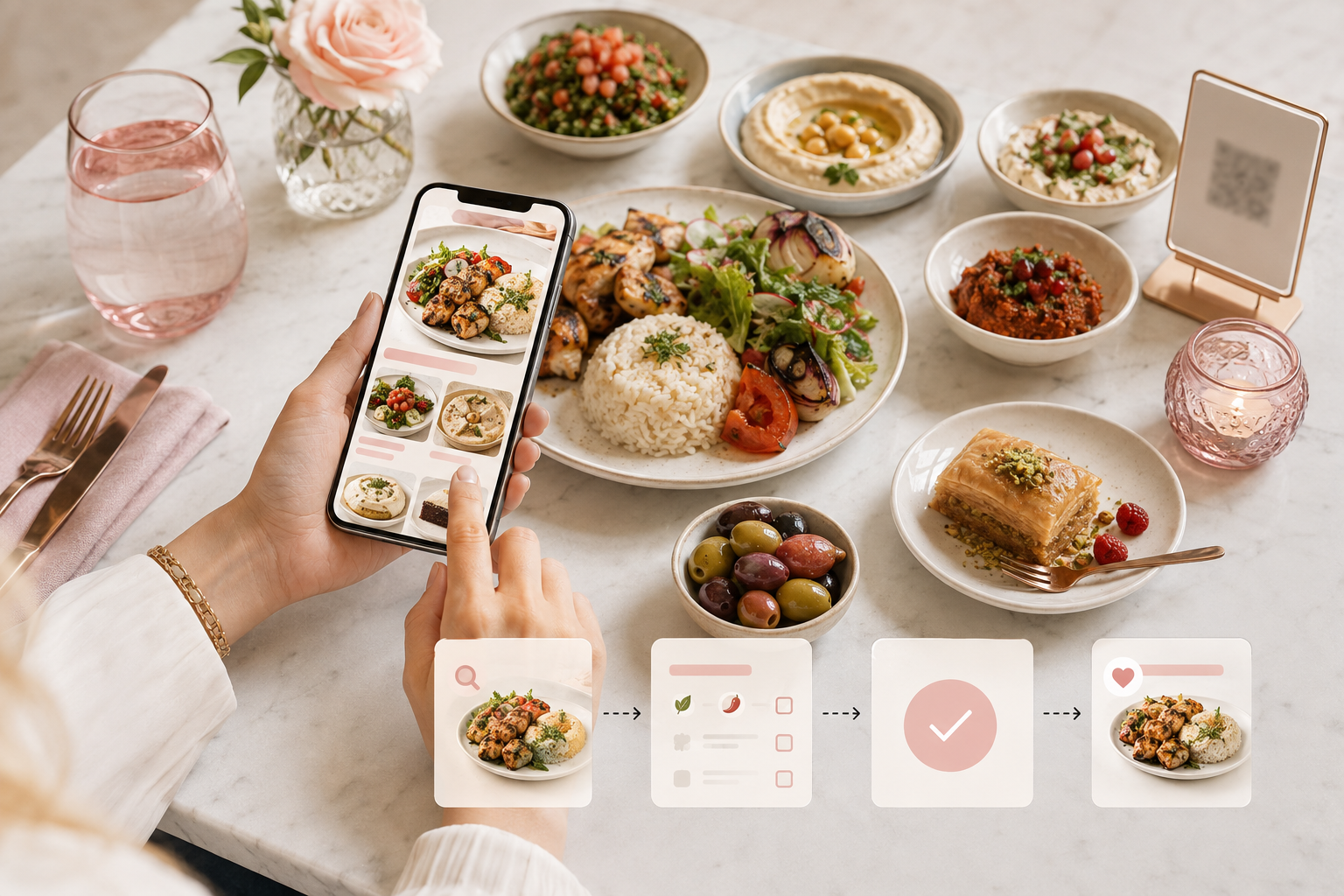 Customer browsing a visual digital restaurant menu on a phone beside a meal