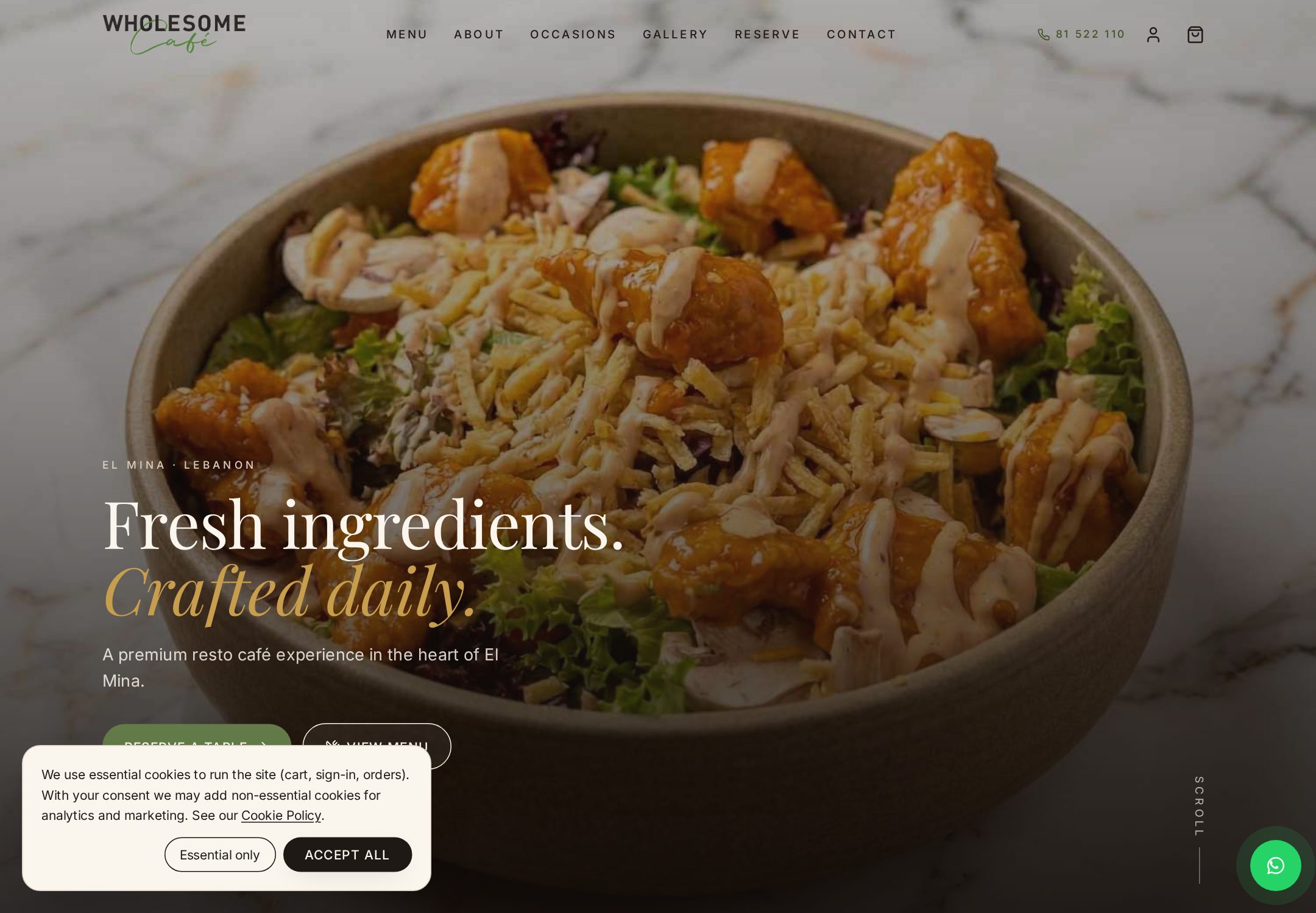 Wholesome Cafe live website homepage